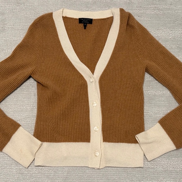 Rag & Bone 100% Cashmere Cardigan Brown & White - Size 8P - Picture 1 of 5